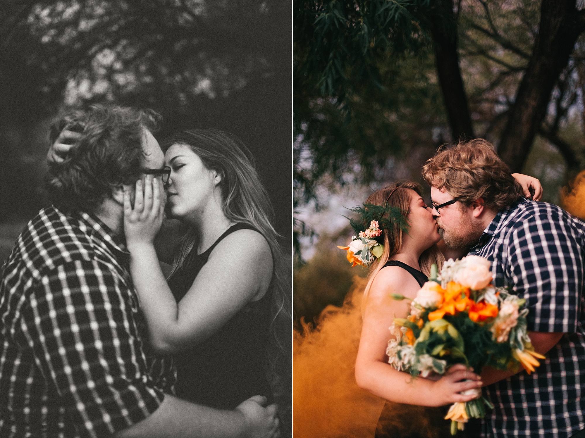 intimate black and white Salt River couples' session bouquet flower crown engagement photos mesa az orange smoke bomb