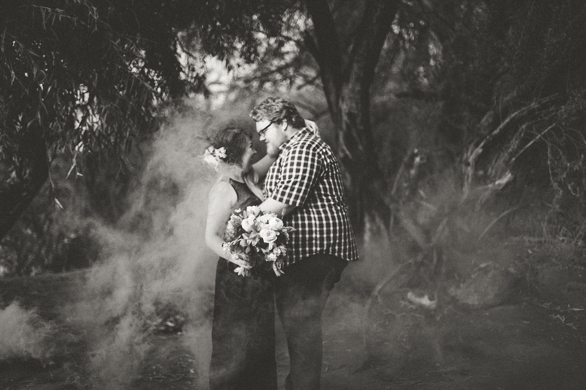 Salt River Couples' Session bouquet flower crown engagement photos mesa az black and white smoke bomb