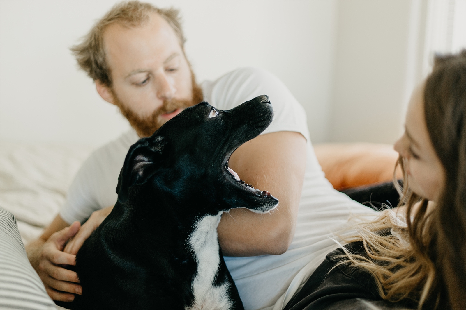 cuddly in-home couple photos with puppy phoenix arizona samantha patri photography