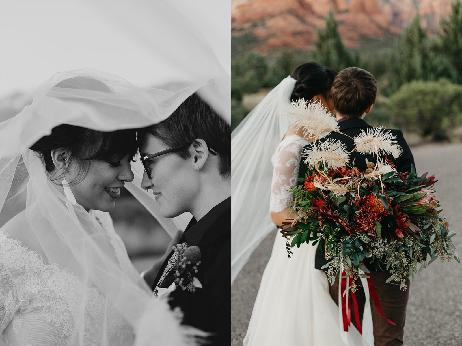 Sedona Arizona red rocks LGBTQ styled elopement lesbian wedding Lovely Bride Moelleux Events under the veil photo Samantha Patri Photography