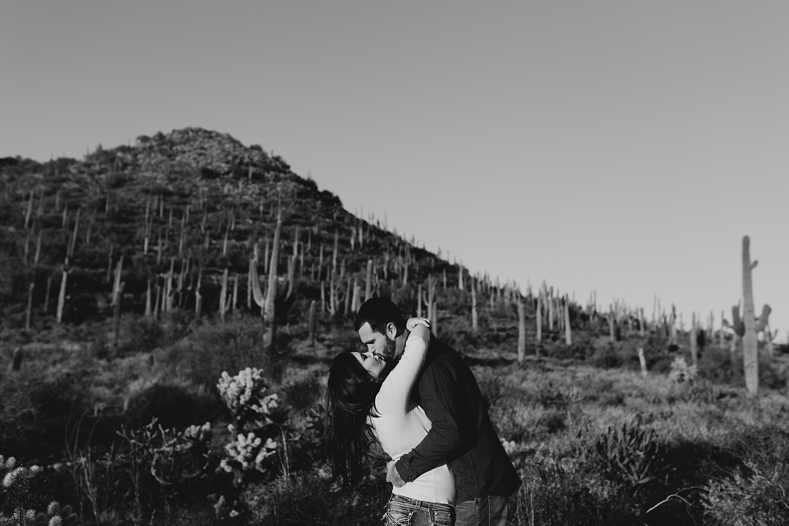 black and white adventurous saguaro cacti desert New River Arizona engagement photos Samantha Patri Photography