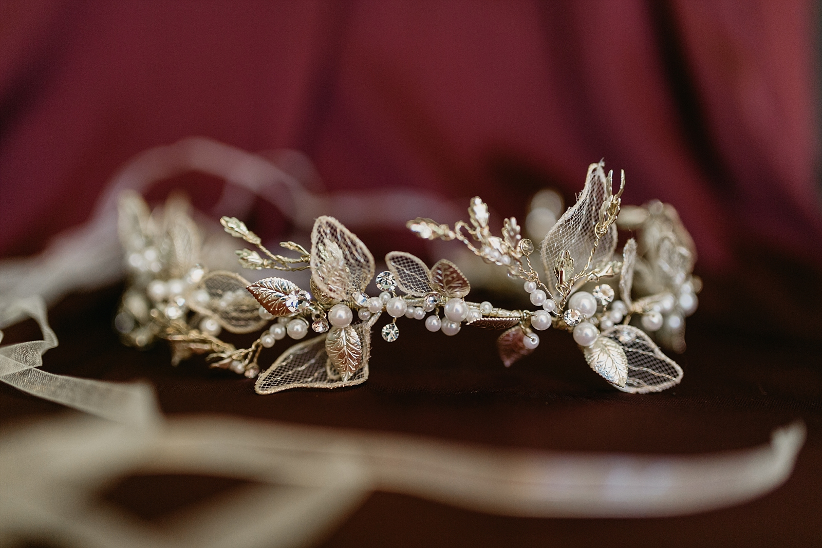 Detail Picture of gold leaf headpiece with pearls Woodsy Fun Groom Creek Schoolhouse Wedding Photos Prescott, Arizona Samantha Patri Photography