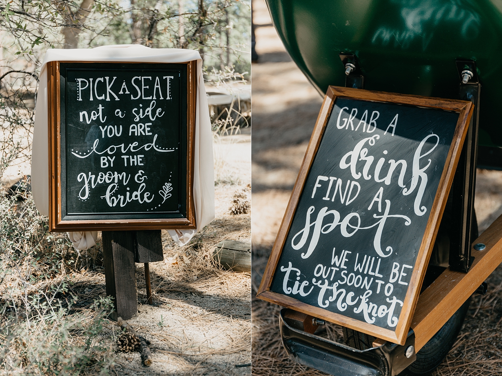 Ceremony detail signs pick a seat not a side you are loved by the groom and bride, grab a drink find a spot we will be out soon to tie the knot Groom Creek Schoolhouse Wedding Photos Prescott, Arizona Samantha Patri Photography