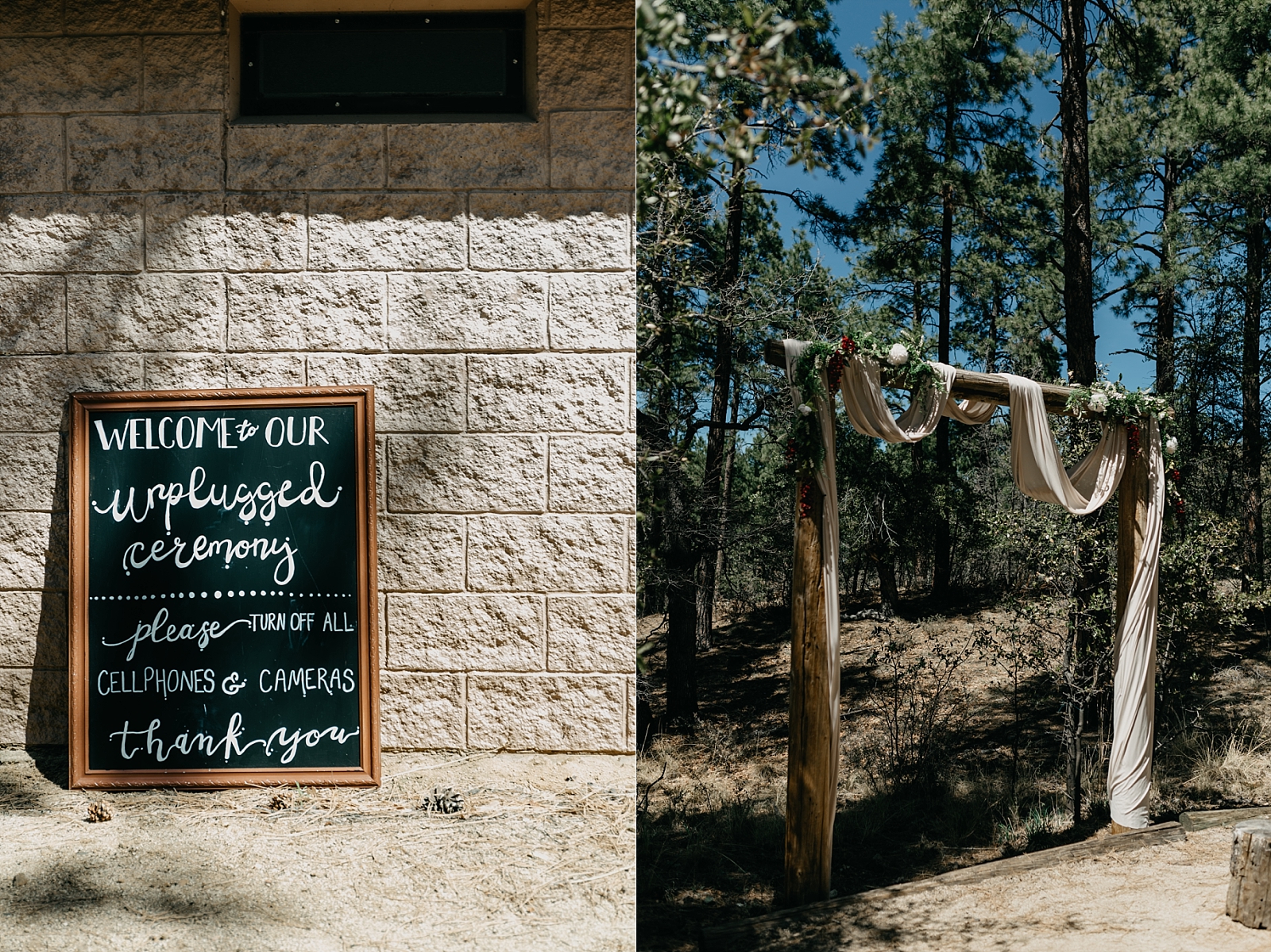 Welcome to our unplugged ceremony please turn off all cellphones and cameras thank you Detail sign cloth draped arch Groom Creek Schoolhouse Wedding Photos Prescott, Arizona Samantha Patri Photography