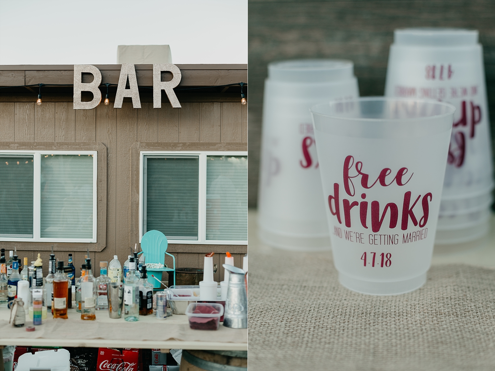 DIY bar letters sign free drinks and we're getting married personalized cups Reception details backyard Wedding Photos Prescott, Arizona Samantha Patri Photography