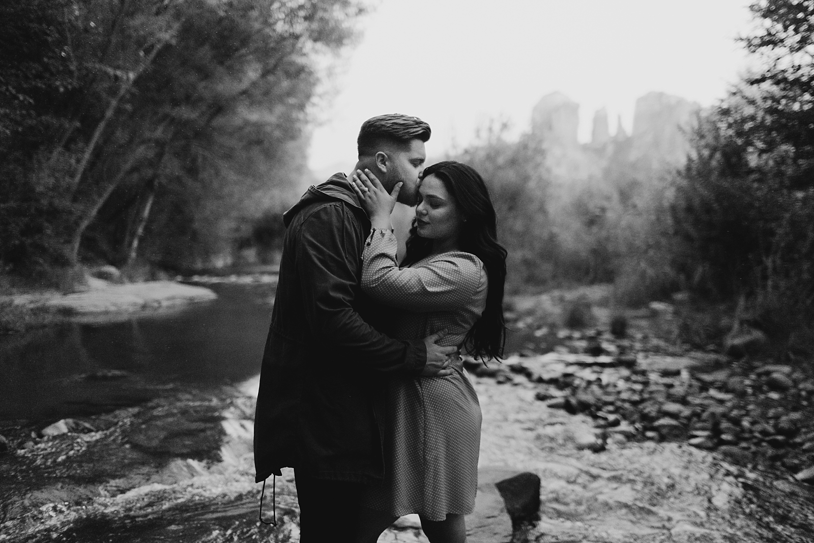 black and white Red rock crossing park in the river engagement pictures Sedona AZ Samantha Patri Photography