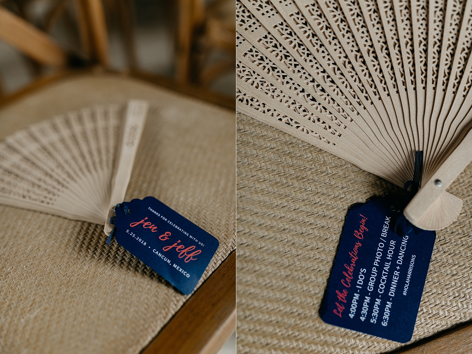 beach tropical natural boho modern fans with timeline tags on chairs ceremony details Now Sapphire Riviera wedding photos Cancun, Mexico Samantha Patri Photography Arizona Wedding Photographer