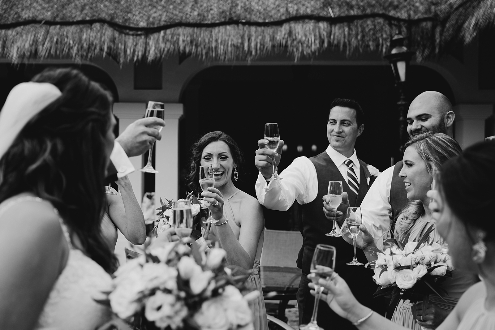 beach tropical natural boho modern ceremony bridal party cheers Now Sapphire Riviera wedding photos Cancun, Mexico Samantha Patri Photography Arizona Wedding Photographer