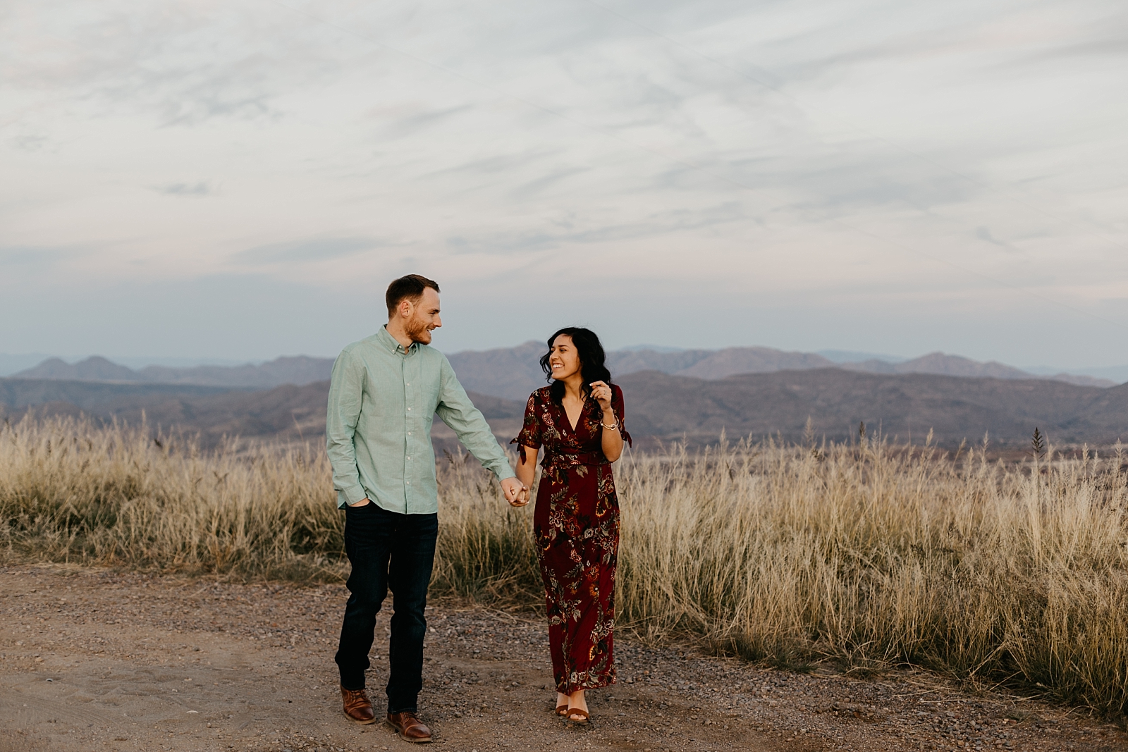 romantic sunrise couple walking Humboldt Mountain engagement photo Scottsdale az Samantha Patri Photography