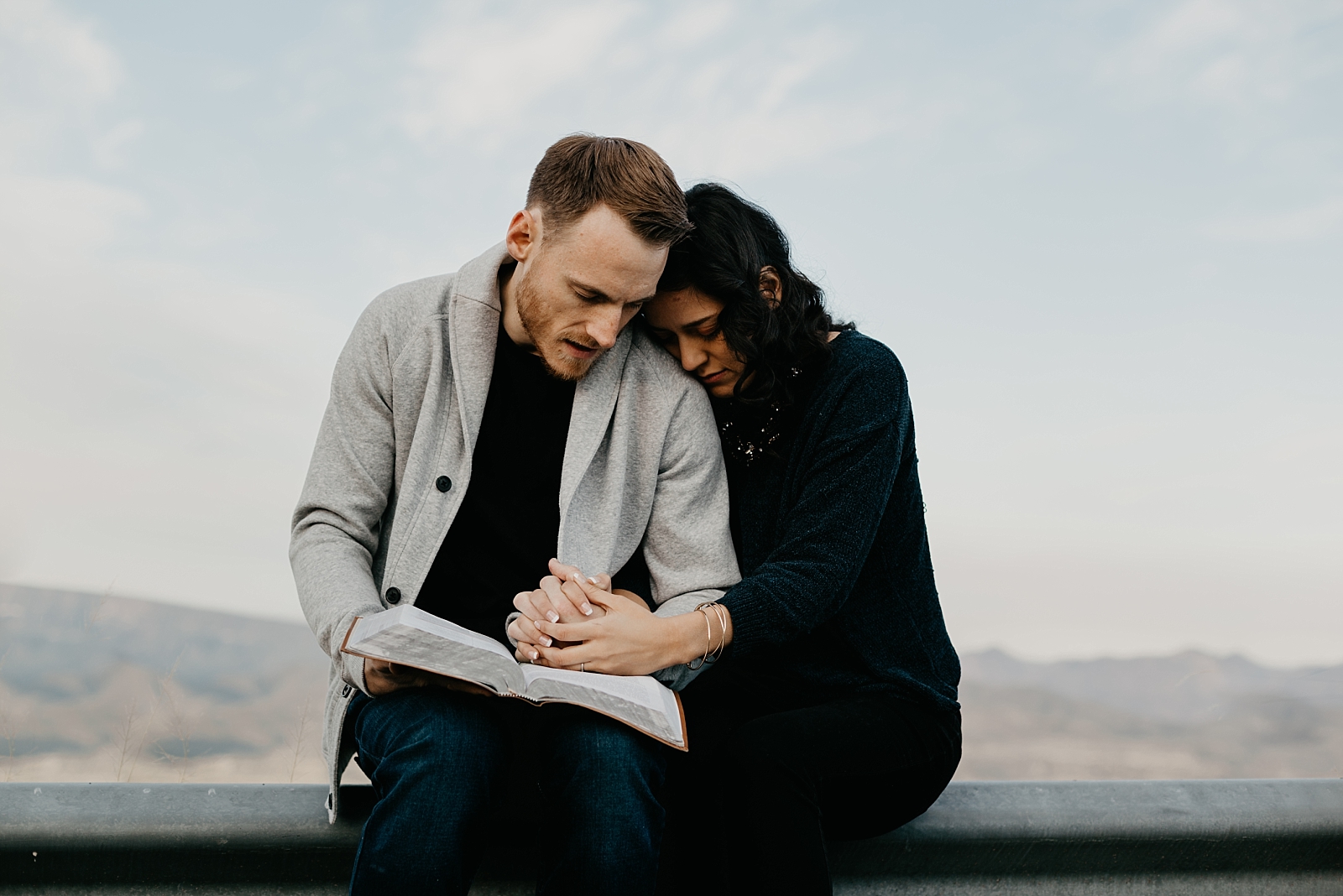 romantic prayer couple reading bible engagement photography Phoenix az