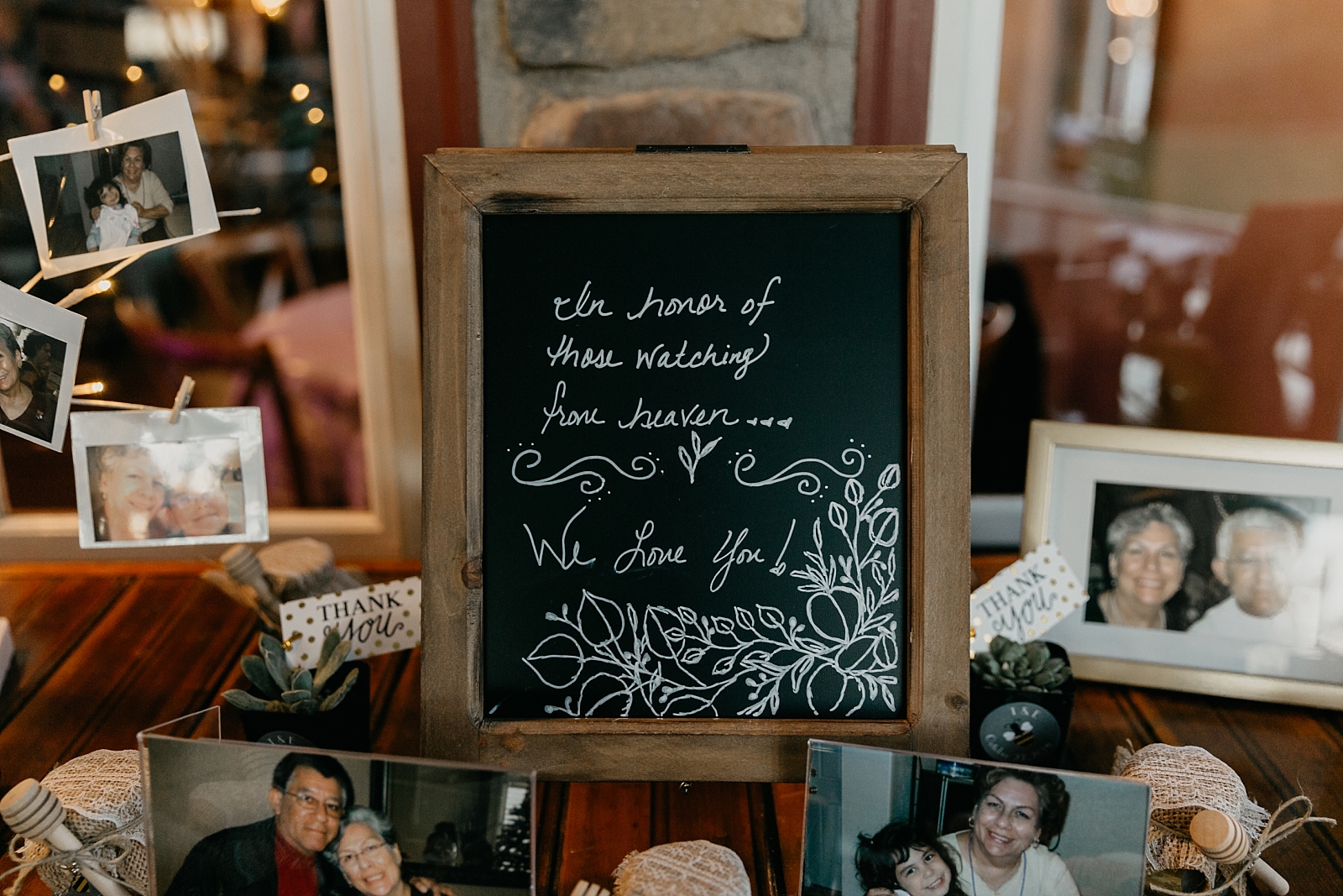 rustic modern reception details family photo table In honor of those watching from heaven we love you Shenandoah Mill wedding photographer Gilbert AZ Arizona Samantha Patri Photography