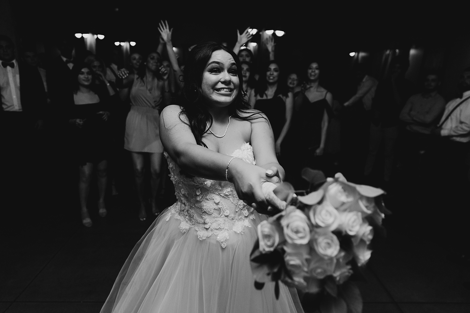 fun reception dancing bouquet toss Shenandoah Mill wedding photographer Gilbert AZ Arizona Samantha Patri Photography