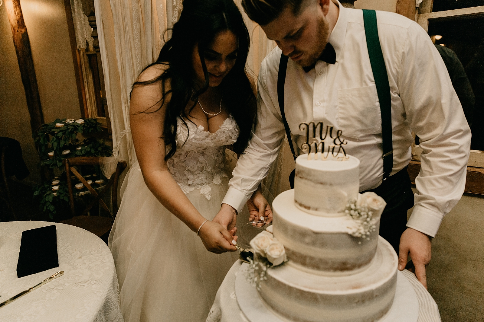 fun reception cake cutting Shenandoah Mill wedding photographer Gilbert AZ Arizona Samantha Patri Photography