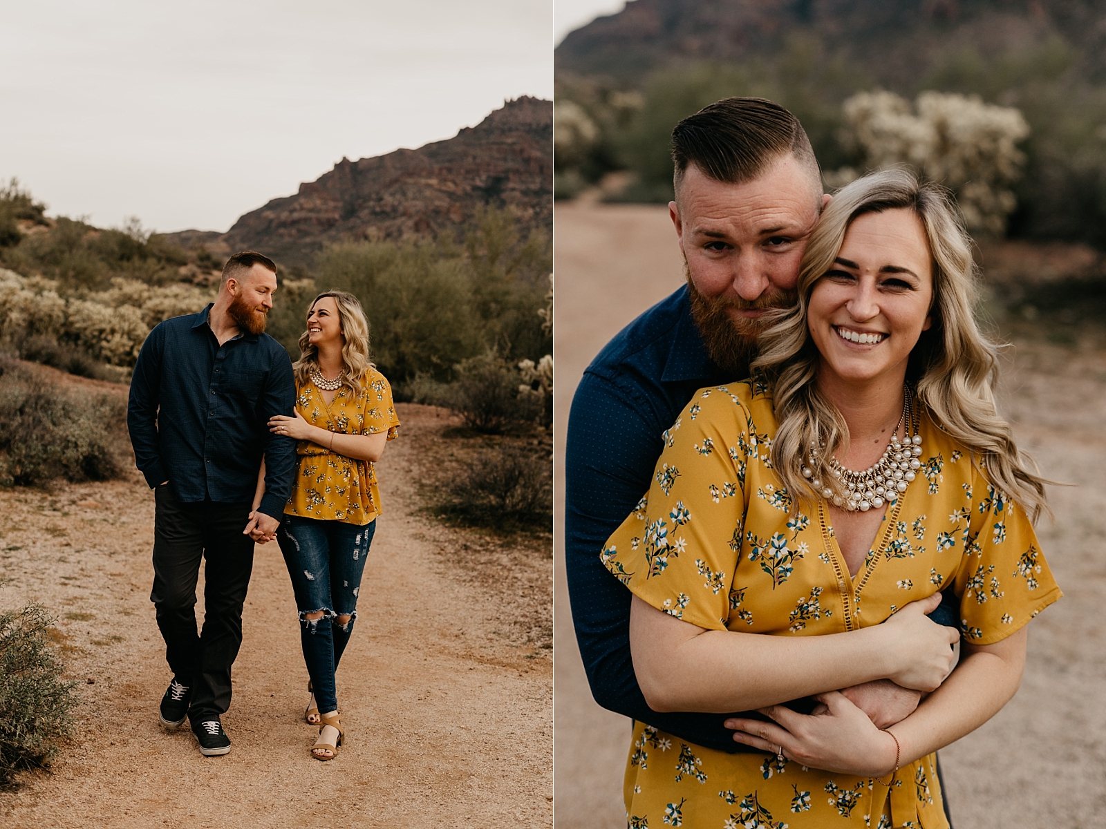 silly couple walking laughing engagement photos in the desert Phoenix, AZ
