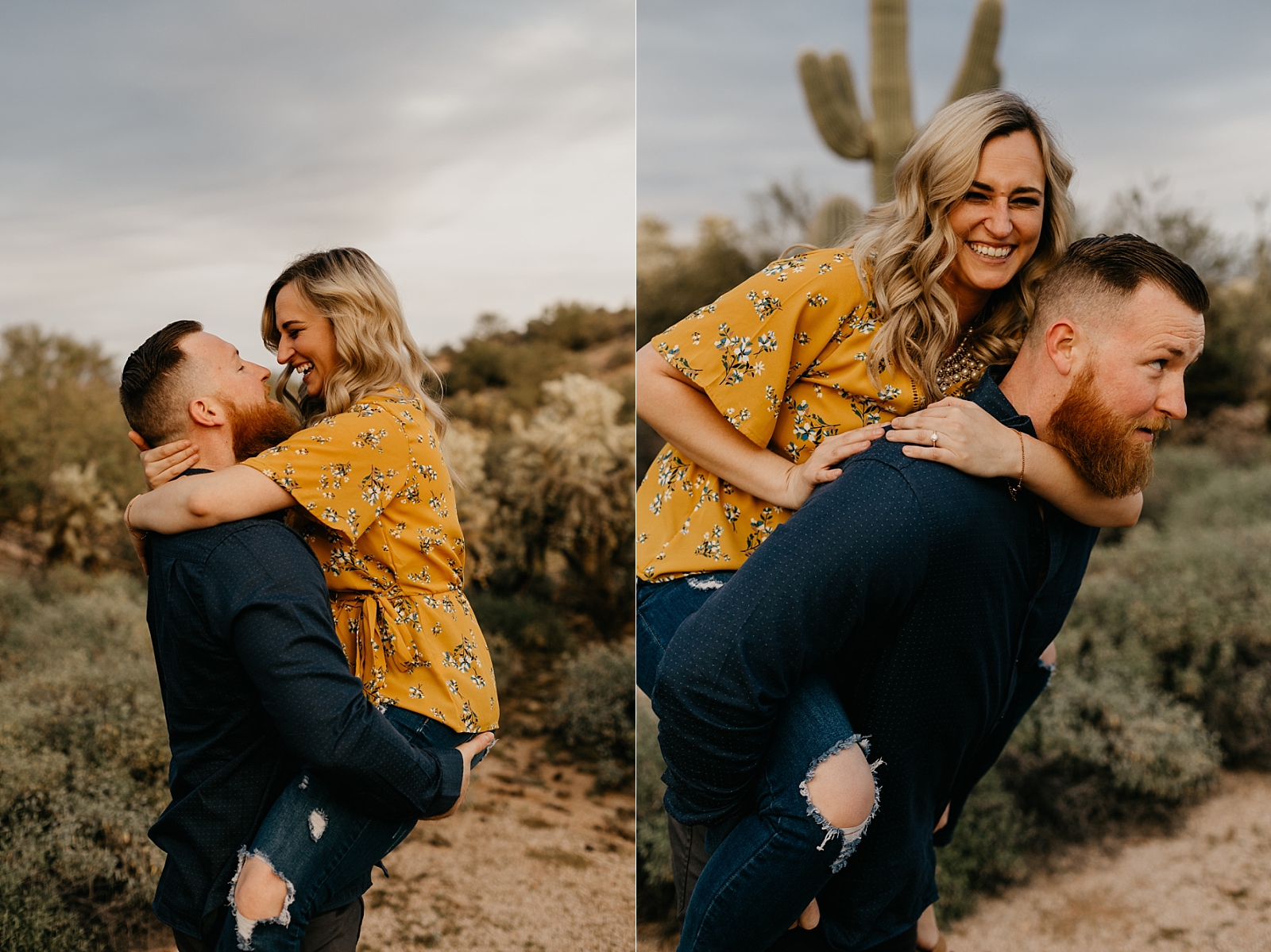 couple laughing piggyback engagement photo in the arizona desert samantha patri photography