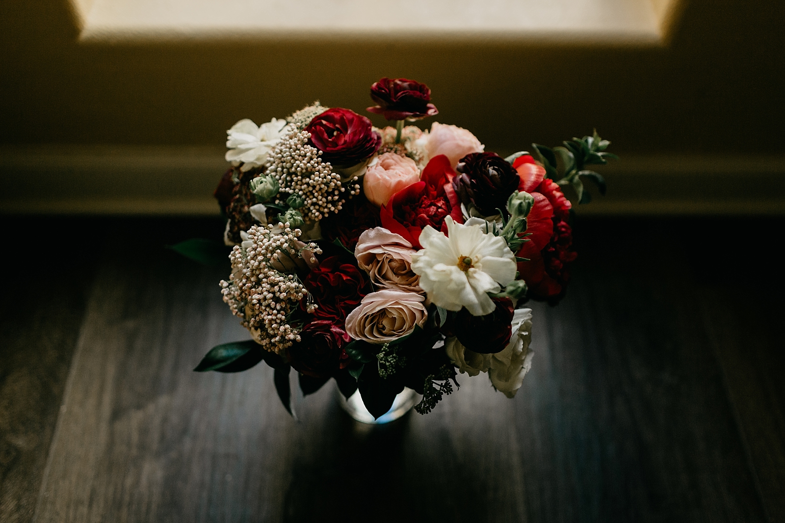Getting ready floral bouquet details maroon and gold Moelleux Events flowers Legacy Golf Club Wedding Photos Phoenix AZ Samantha Patri Photography
