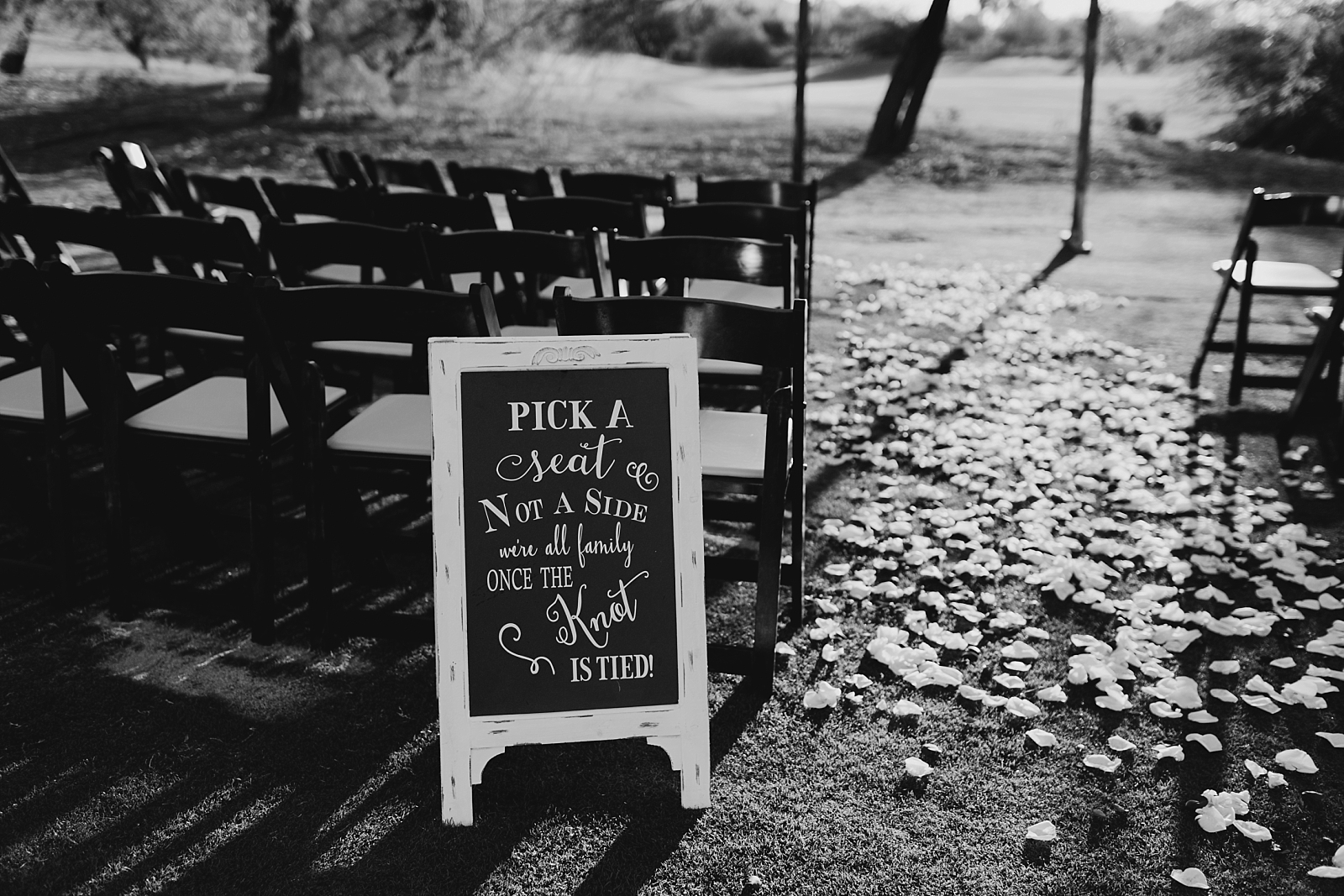 Pick a seat not a side we're all family once the knot is tied sign Ceremony The Legacy Golf Club Wedding Photos Phoenix AZ photographer Samantha Patri Photography