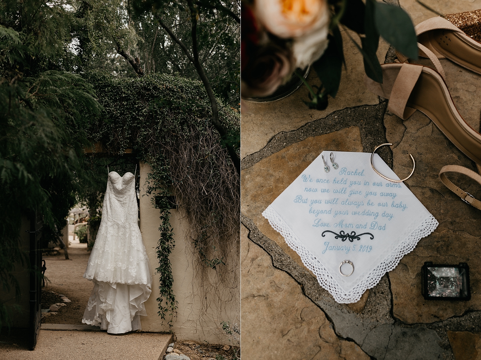 Bridal details hanging dress Tohono Chul Wedding photos Tucson AZ photographer