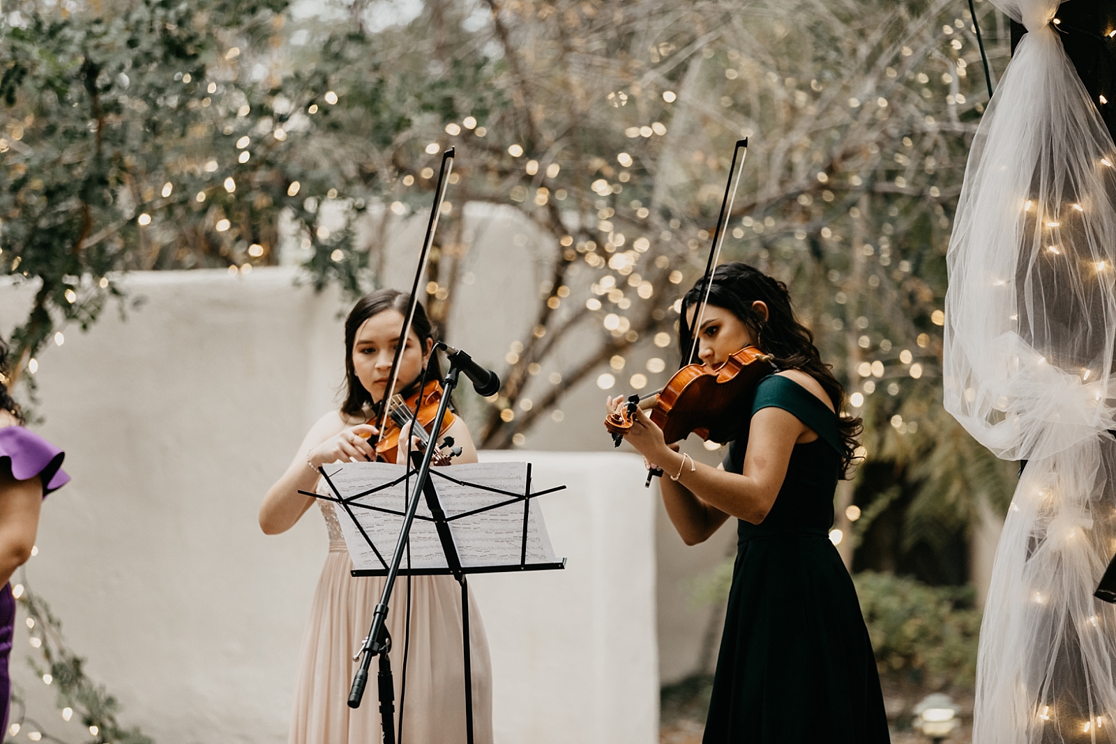 Violins playing during Ceremony Tohono Chul Wedding photos Tucson AZ Photographer