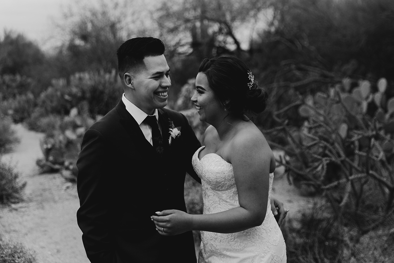 Black and white Desert Bride and groom laughing pictures Tucson AZ Wedding Photographer Samantha Patri Photography
