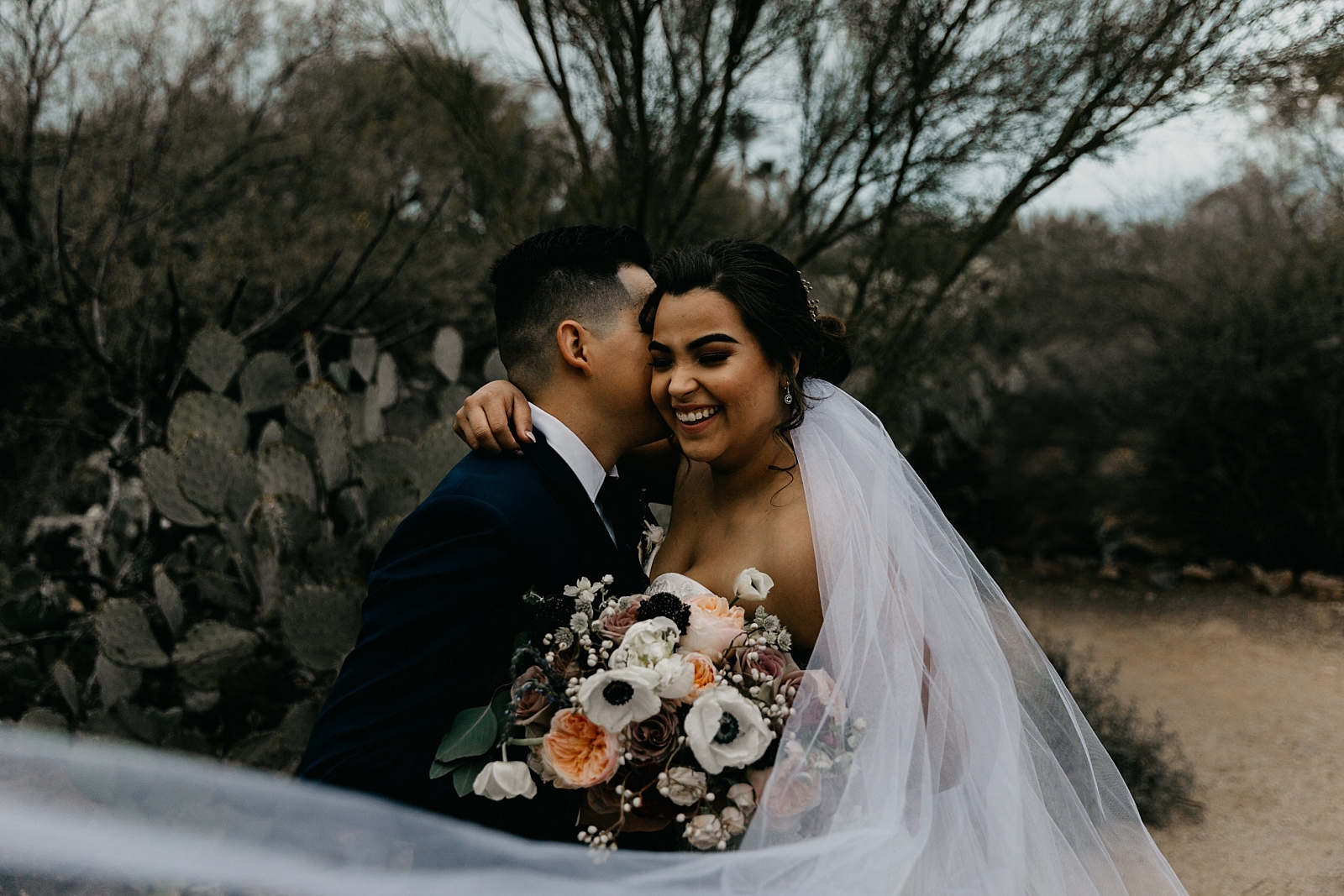 Desert Bride and groom pictures with flying veil Tucson AZ Wedding Photographer Samantha Patri Photography