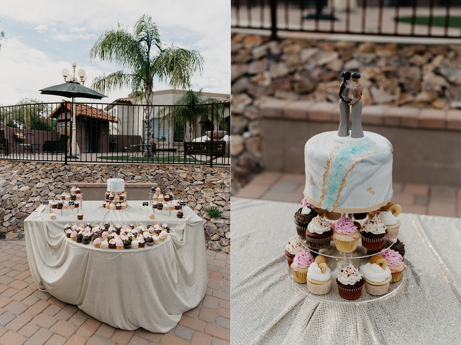 sweet'n'cheeky cupcakes cake and cupcake dessert table backyard airbnb wedding reception photo tucson arizona