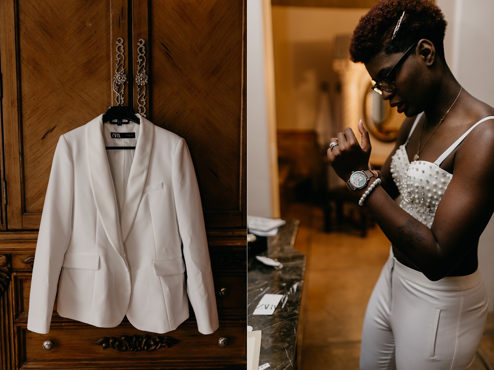 wedding reception outfit change bride in white suit
