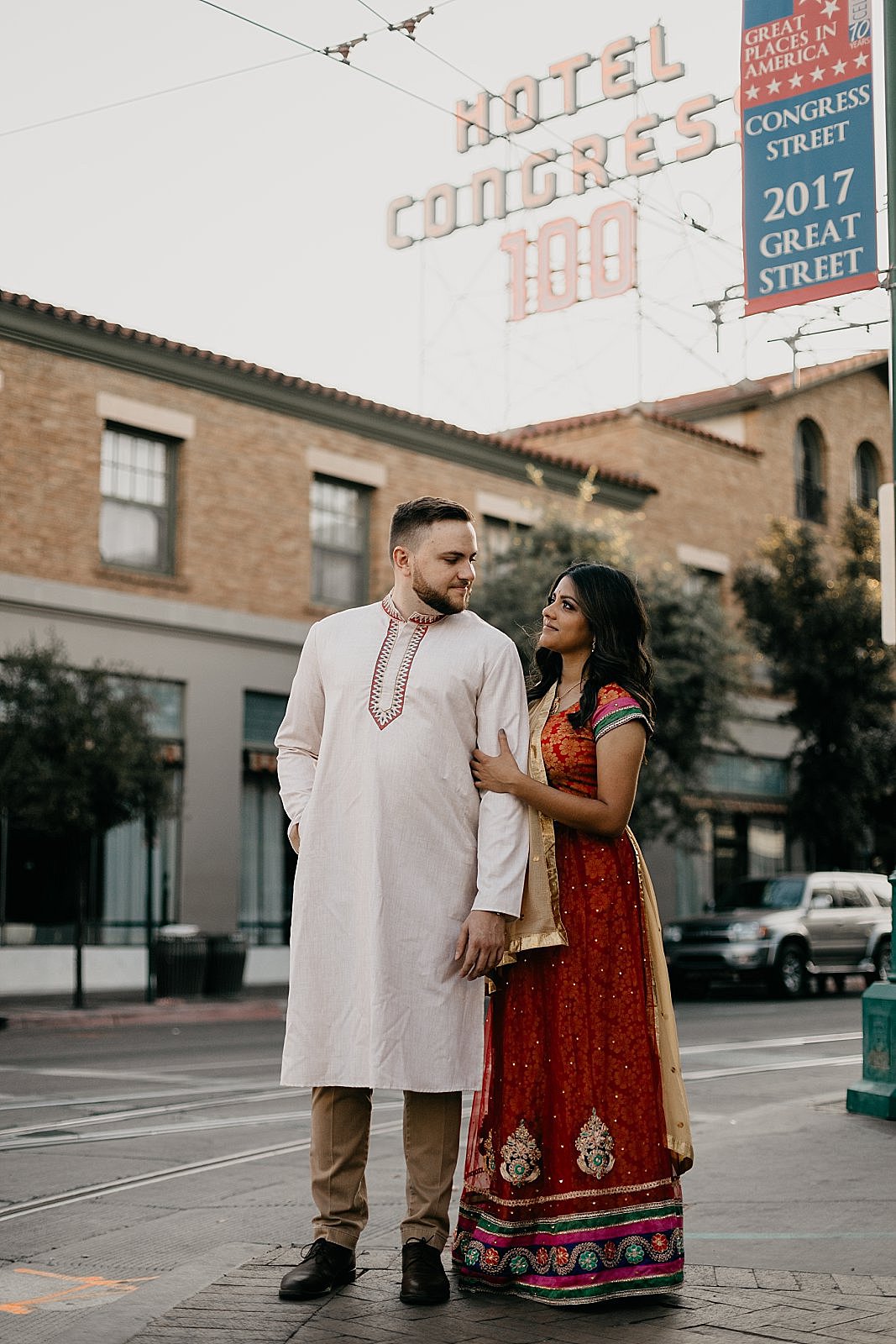 couple standing outside Hotel congress engagement pictures tucson arizona