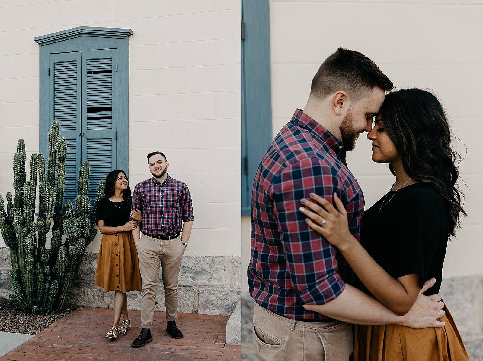 Downtown Tucson arizona engagement photos with colorful adobe architecture