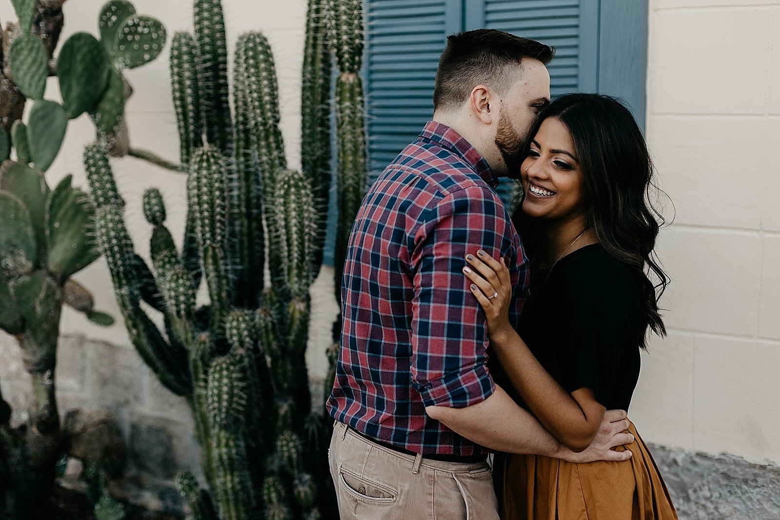 sunrise Downtown Tucson arizona engagement photos with colorful adobe architecture