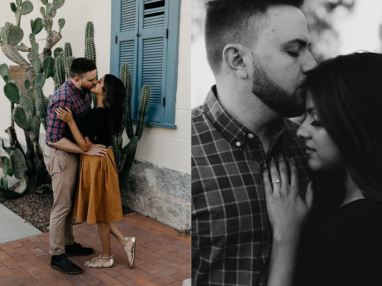 Couple kissing outside colorful window and cactus tucson