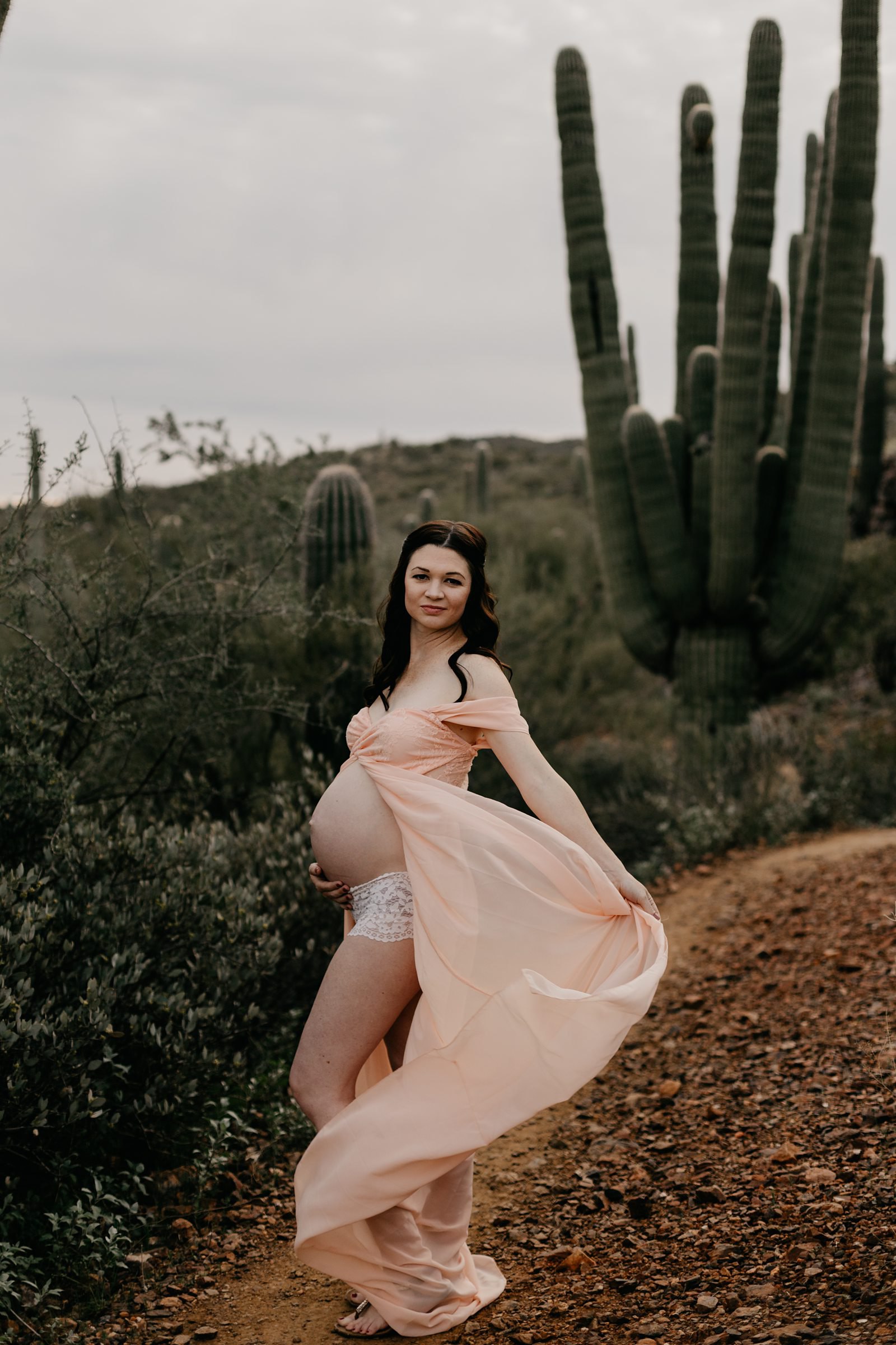 Black Canyon City cloudy desert maternity photos phoenix AZ pregnant woman in dramatic pink dress