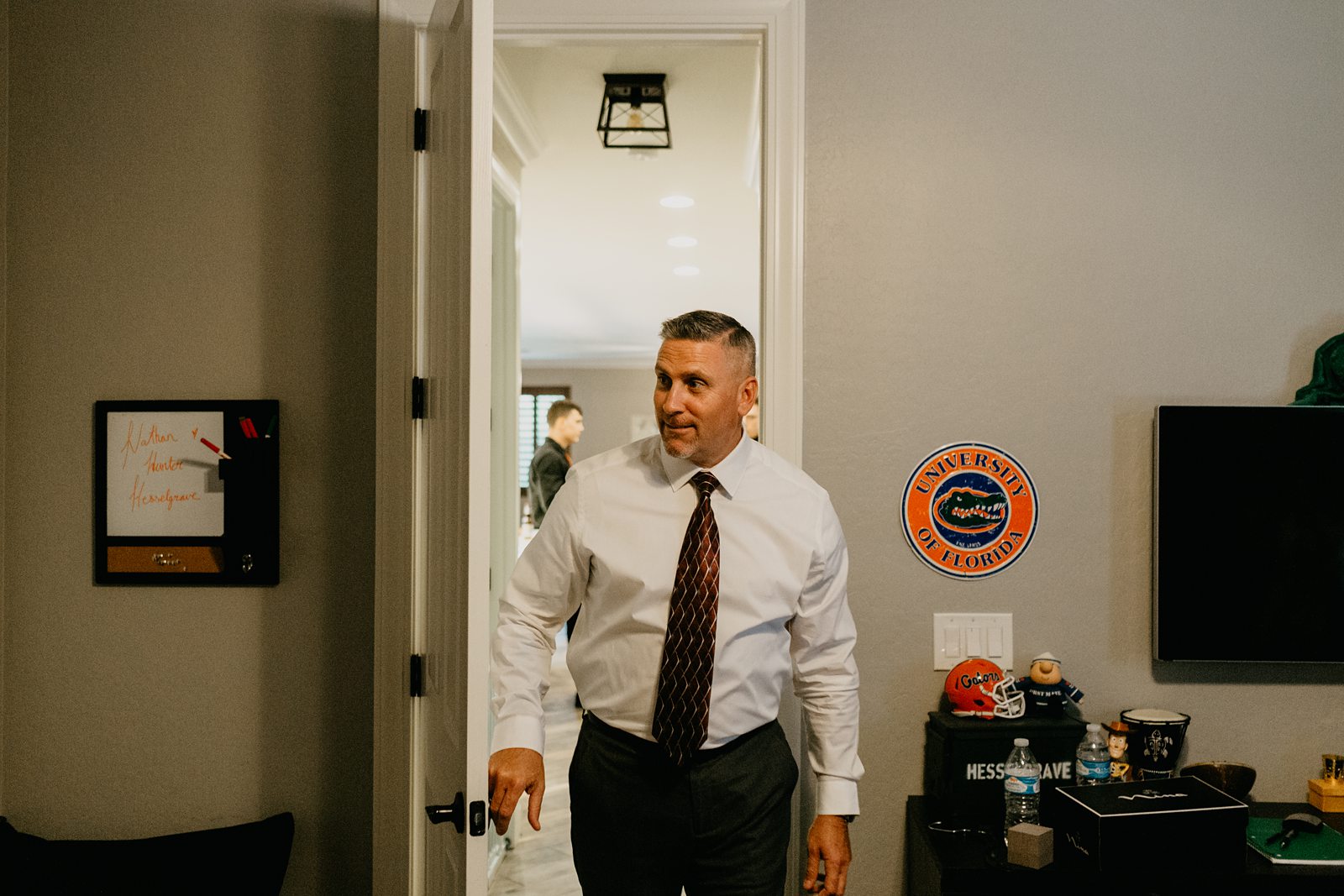 First look with bride's dad as he enters the getting ready room