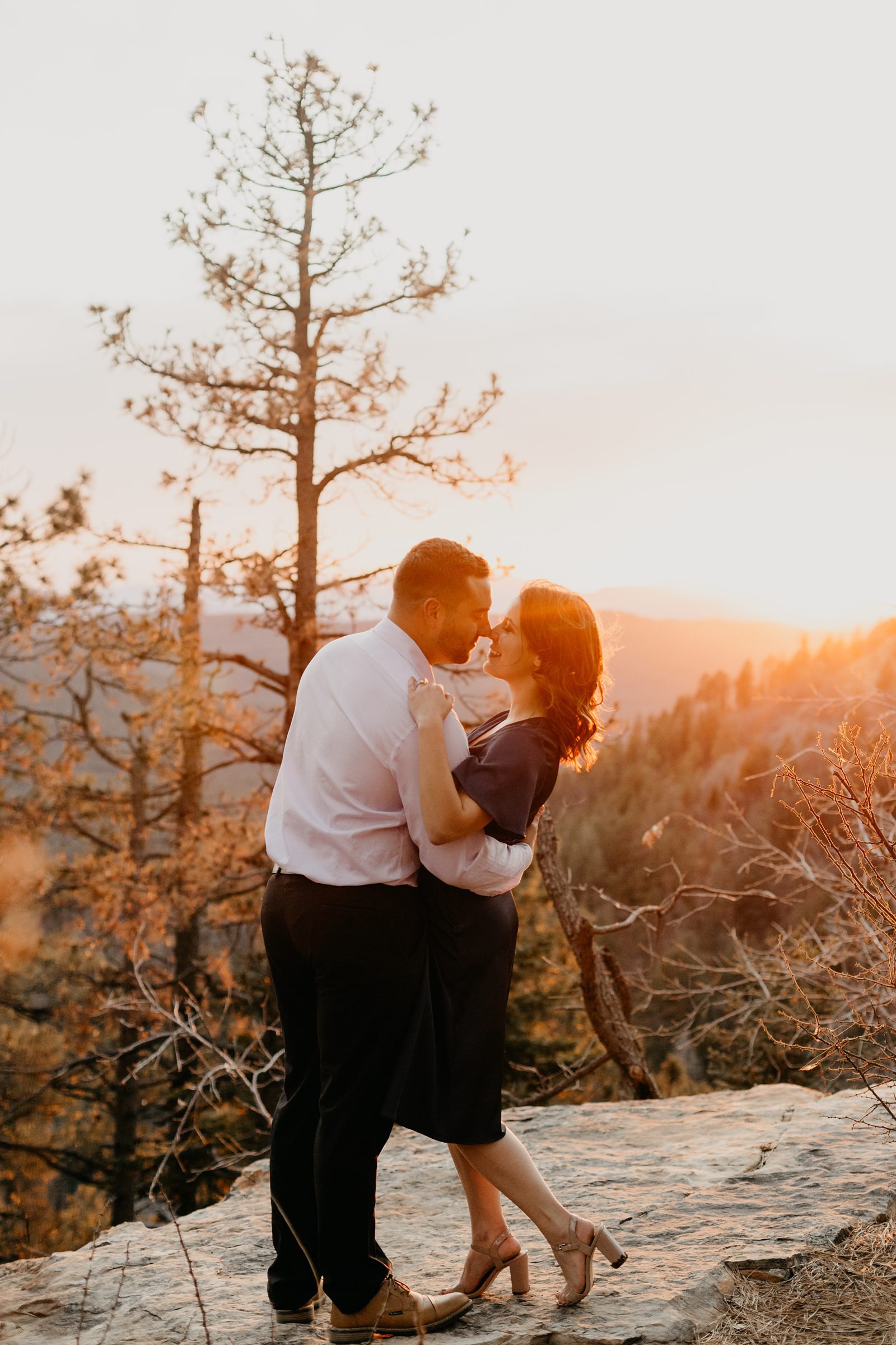 Northern Arizona pine tree, engagement pictures, golden glowing couple winter Mogollon Rim Engagement