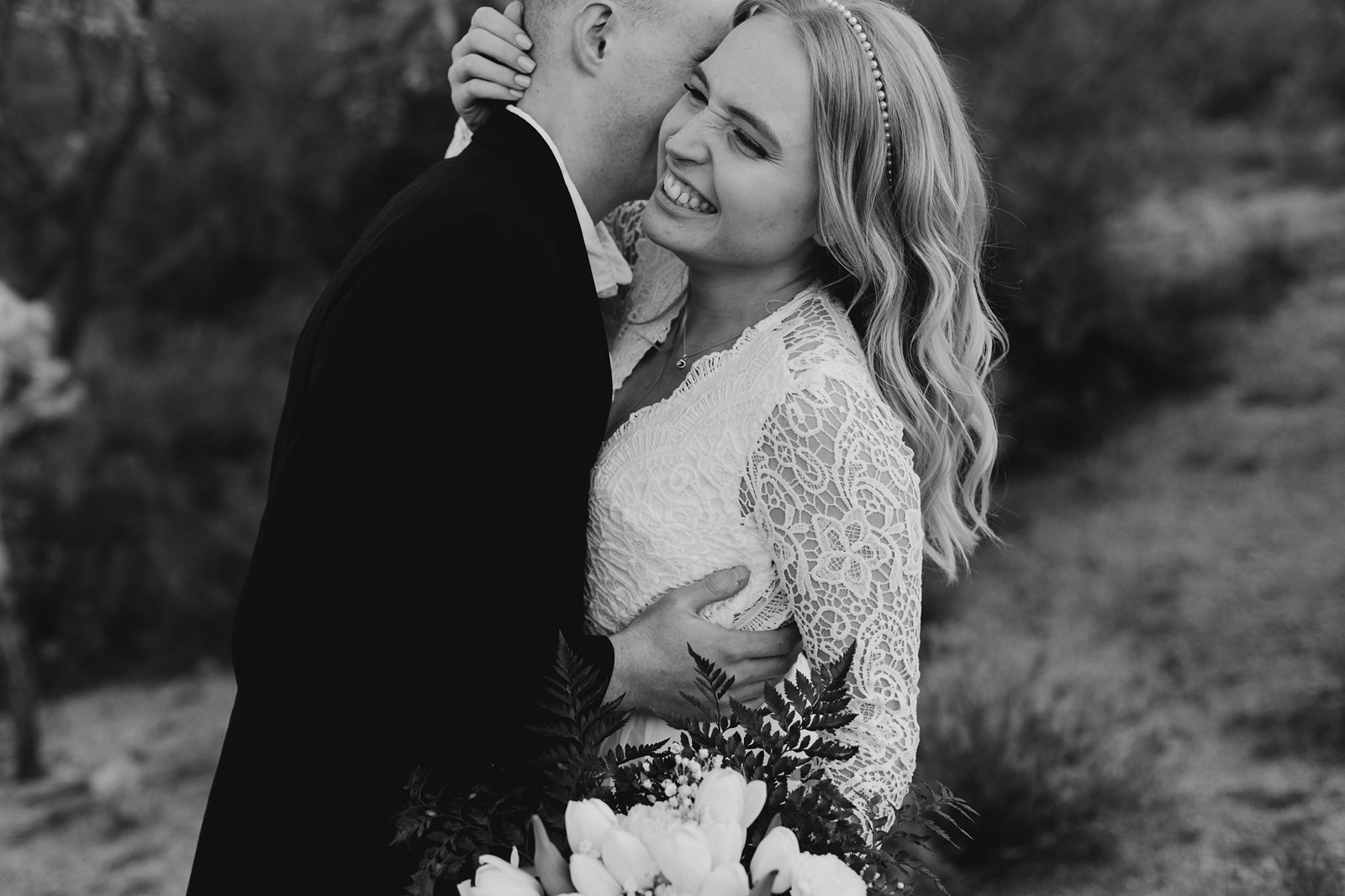 black and white photo bride and groom wedding portaits in the desert lost dutchman state park apache junction az