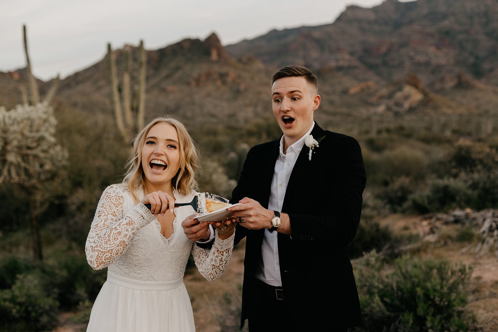 desert elopement cake cutting outside in phoenix arizona