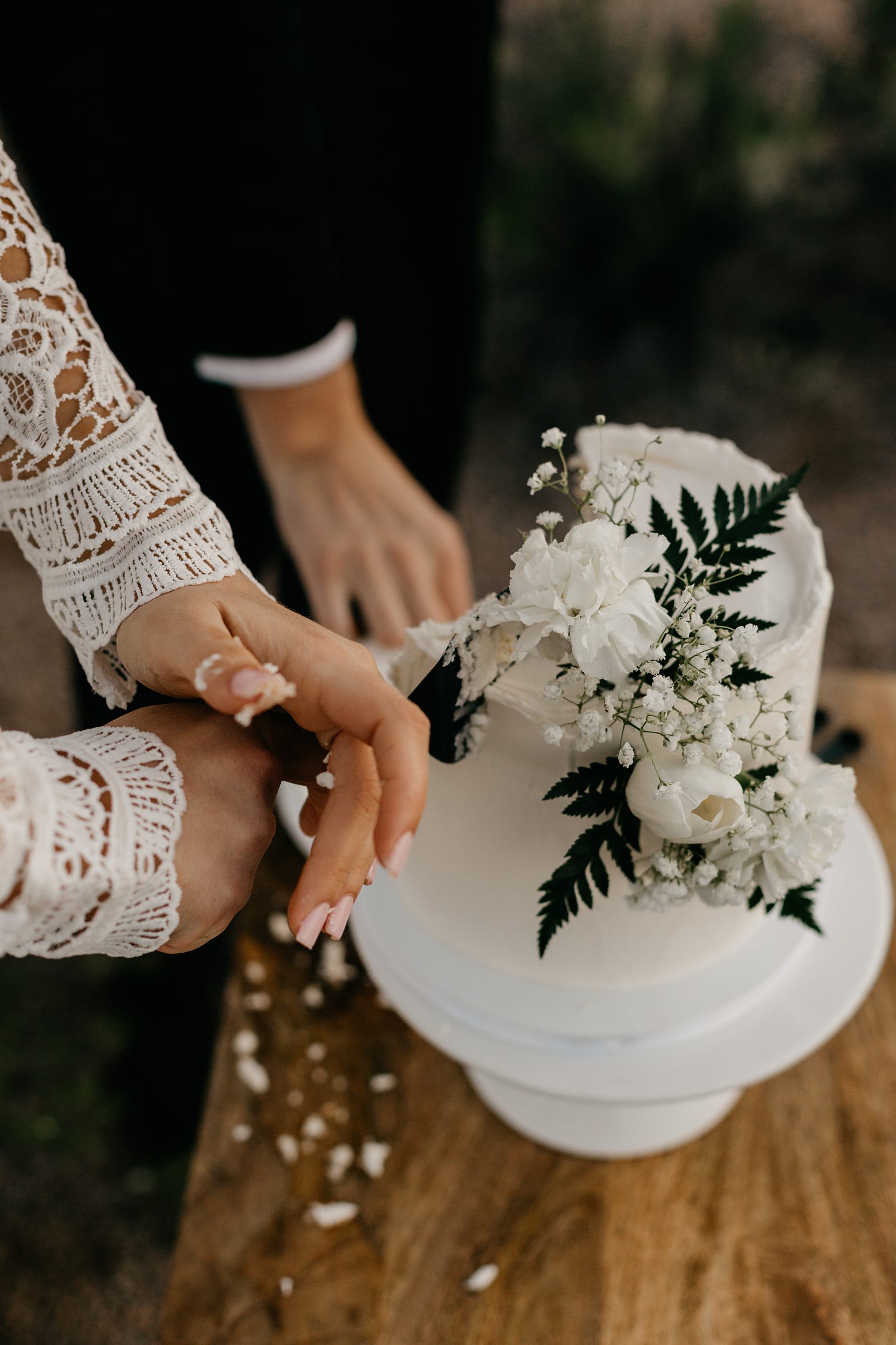 Wedding couple cake cutting in the desert for superstition mountain intimate elopement phoenix arizona A Bake House