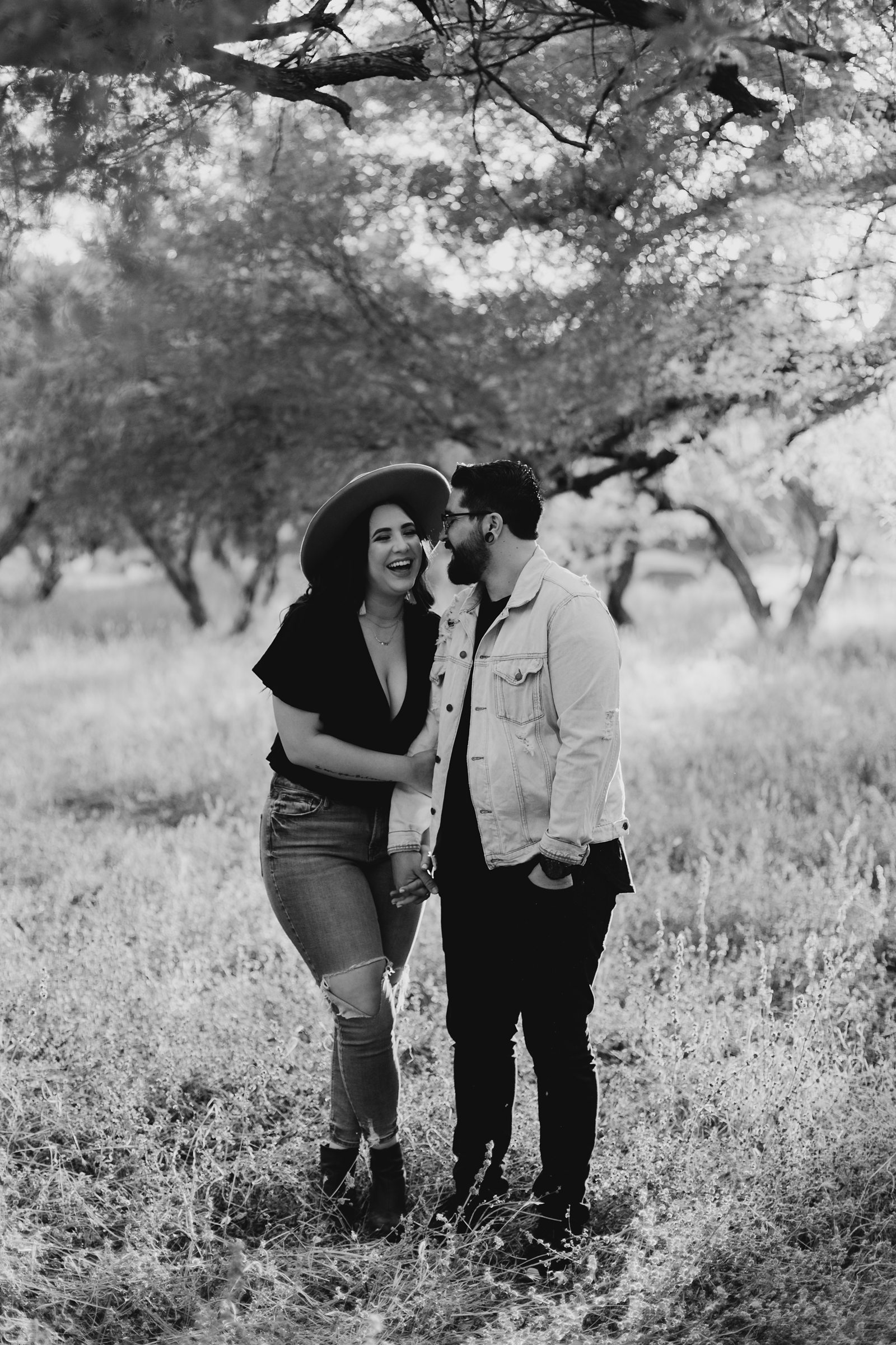 black and white Grass and trees in arizona coon bluff engagement photos by the salt river in Mesa