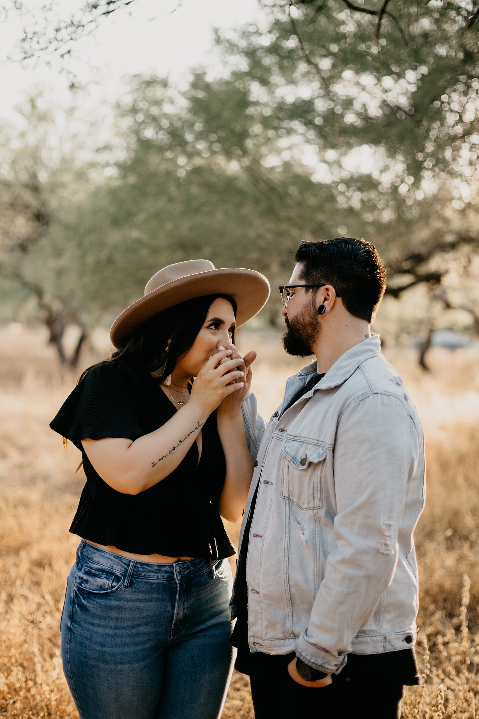 Grass and trees in arizona coon bluff engagement session by the salt river in Mesa