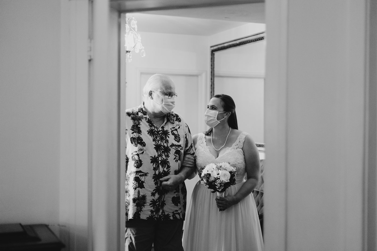 Lutes wedding chapel yuma elopement photos bride and father looking at each other about to walk down the aisle in black and white