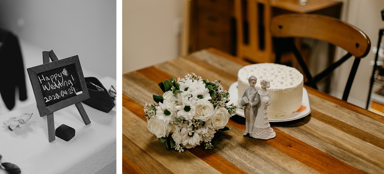 bouquet and cake on a table at a casual intimate wewdding at bride and grooms house