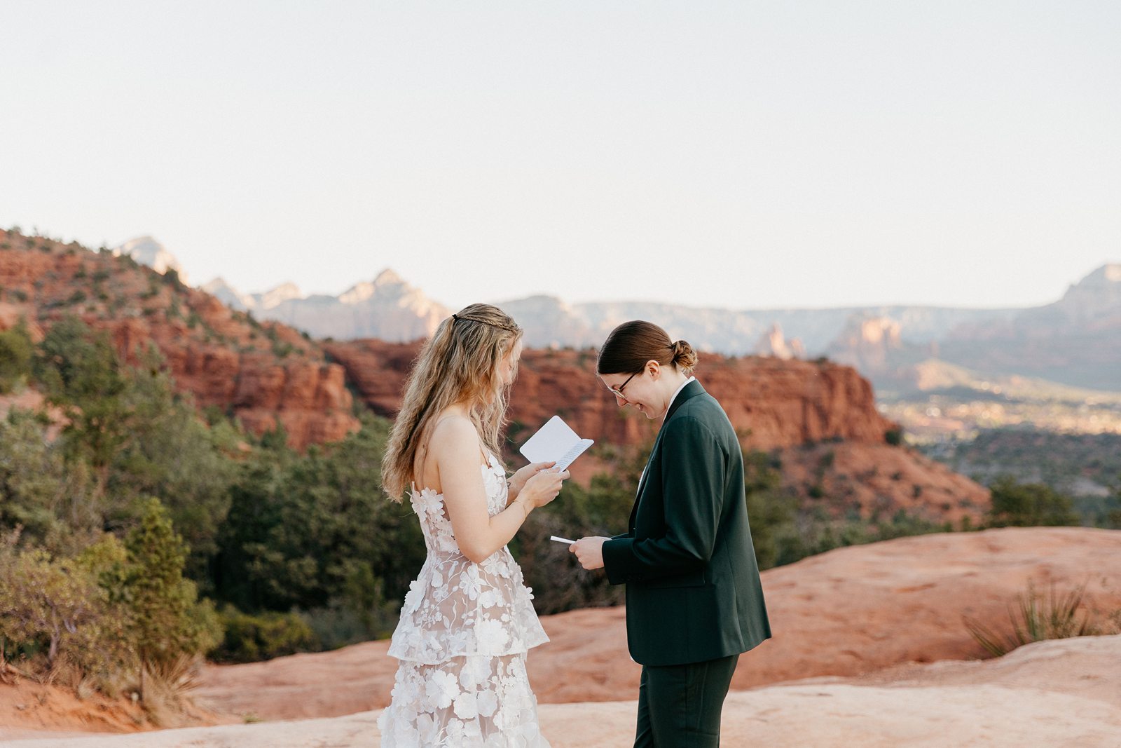 Brides exchanging vows on a trail in Sedona AZ