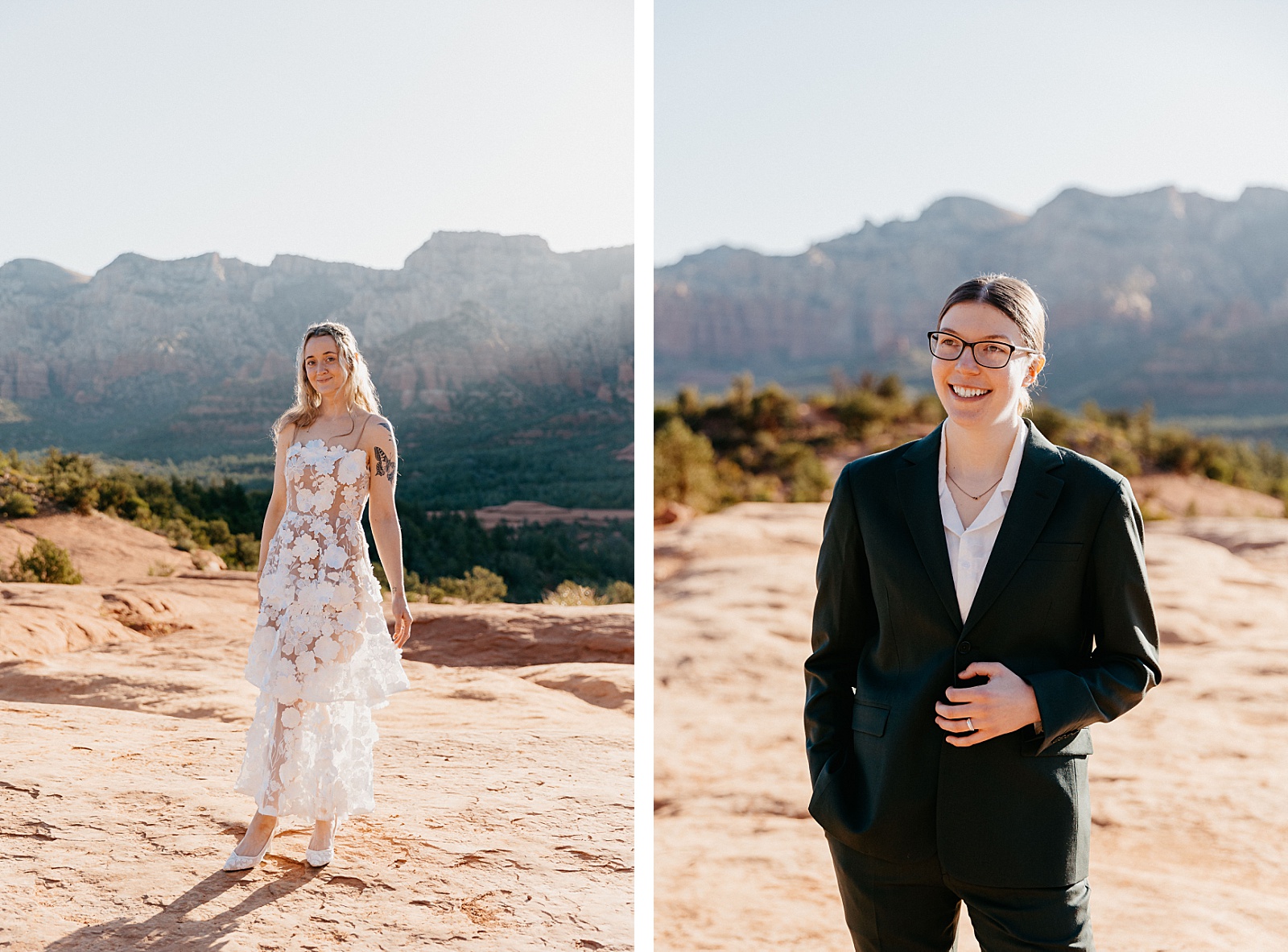 Two images side by side, the left of a bride in a wedding dress, the right of a bride in a suit